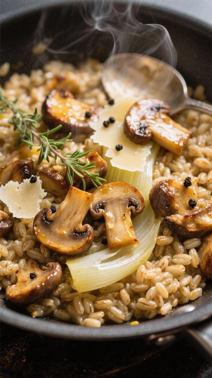 Close-up detail: Golden, caramelized mixed mushrooms folded back into glossy barley orzotto in a wid
