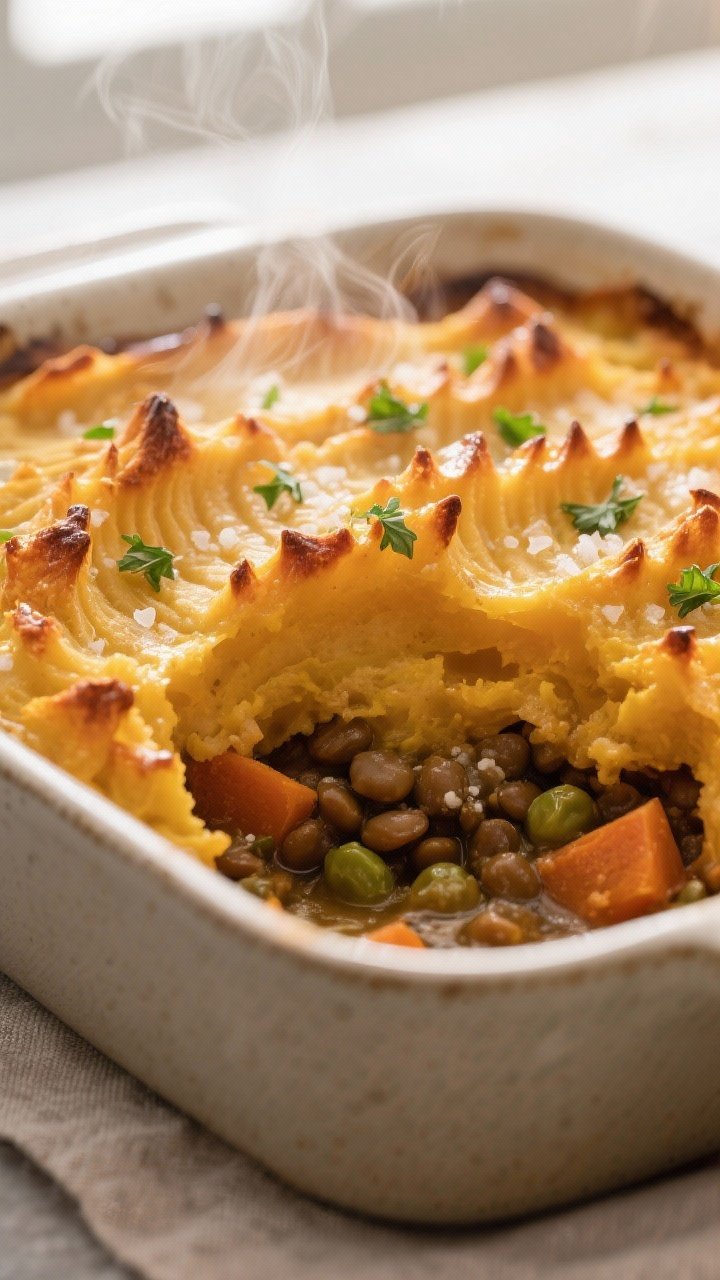 Close-up detail: Golden, ridged sweet potato mash topping just out of the oven, lightly caramelized