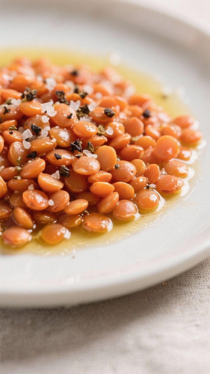 Close-up detail: Just-cooked red lentils drained and spread on a plate to steam-dry, glistening with