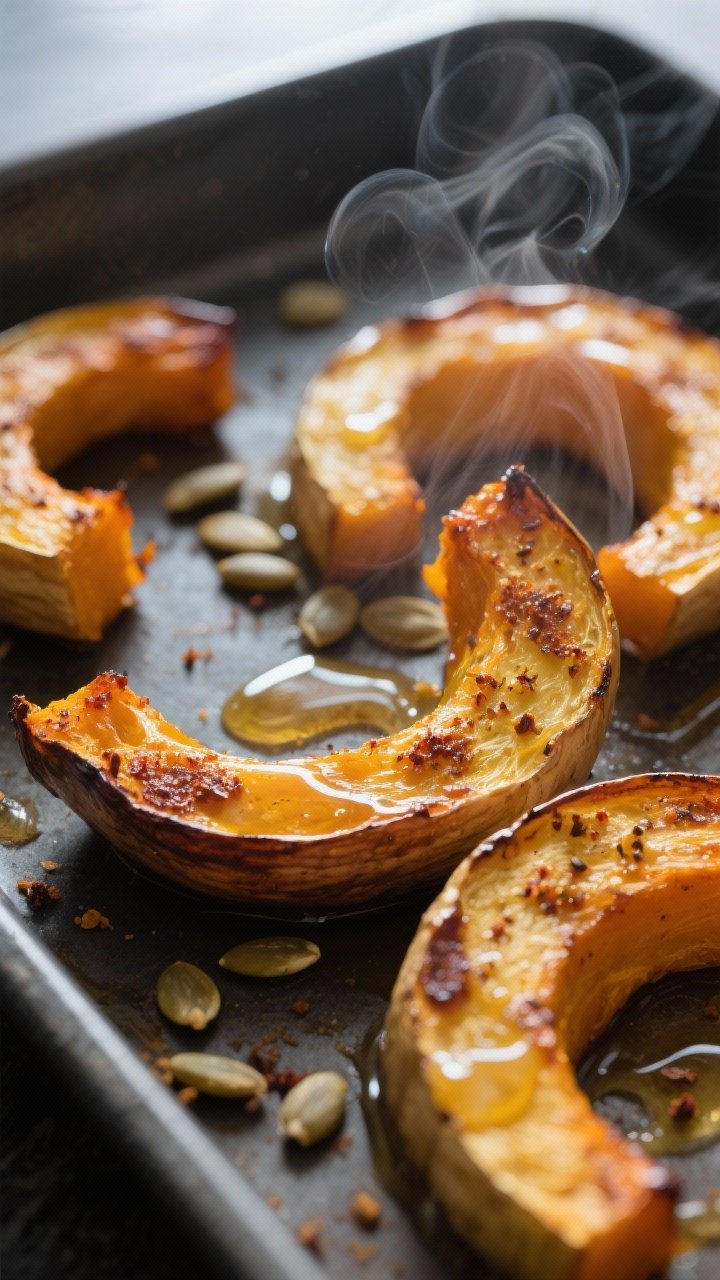 Close-up detail: Roasted butternut/delicata squash wedges fresh from the oven, edges deeply carameli
