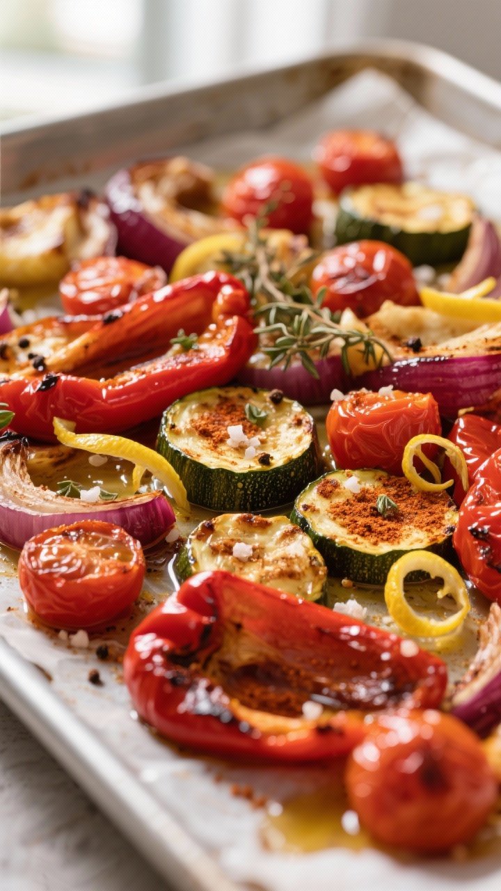 Close-up detail: Roasted veggie medley just out of the oven—caramelized red bell peppers, blistere