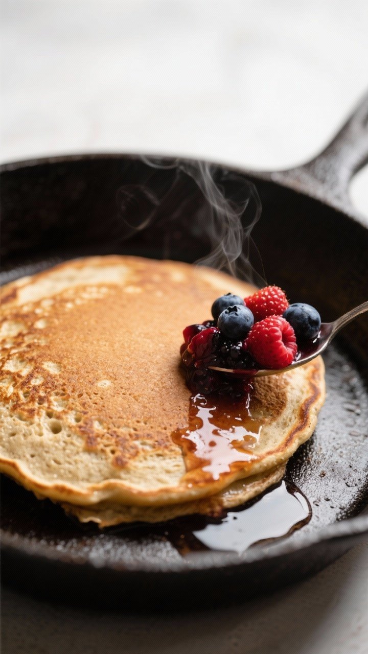 Close-up detail shot: A golden-brown whole‑grain pancake just flipped in a well-seasoned cast‑ir
