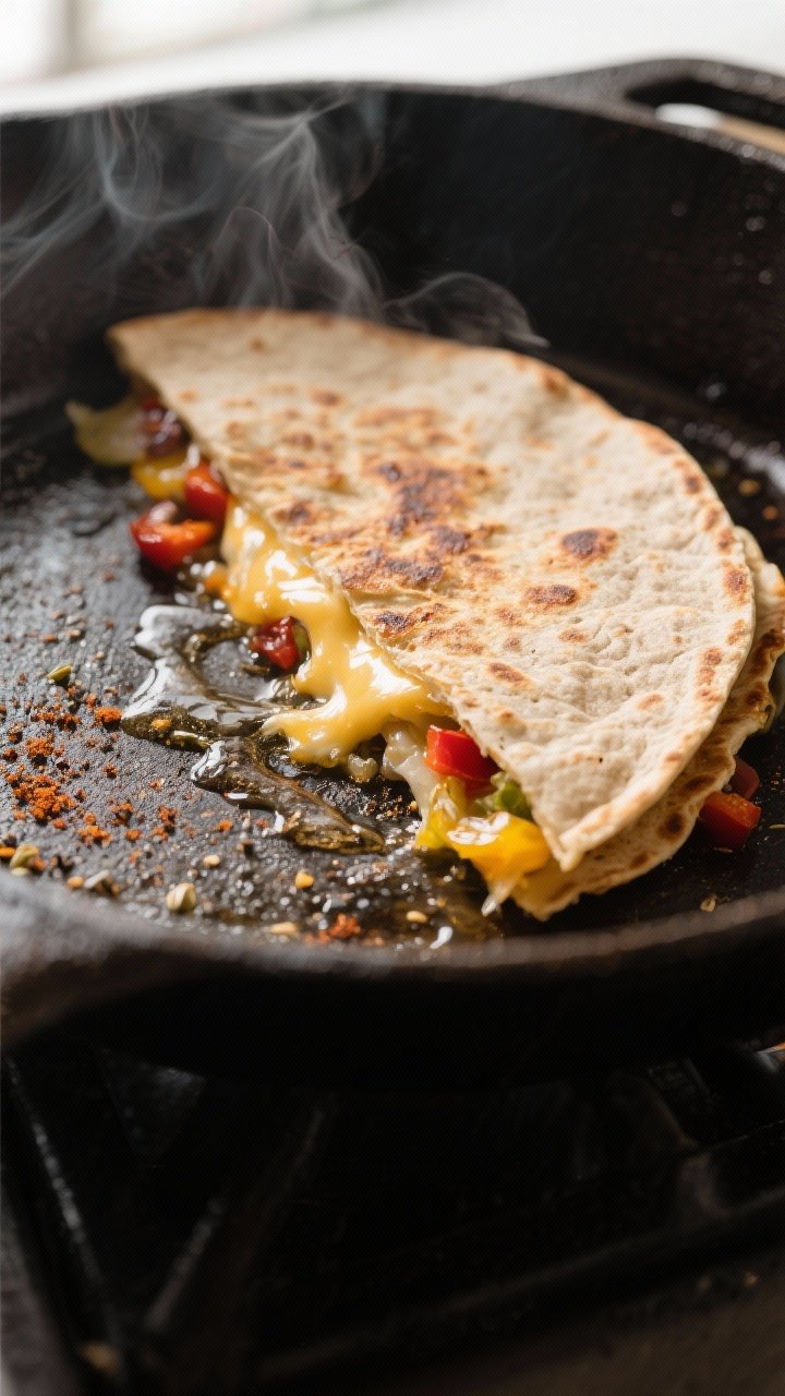 Close-up detail shot: A half-moon whole-wheat quesadilla sizzling in a cast-iron skillet mid-cook, e