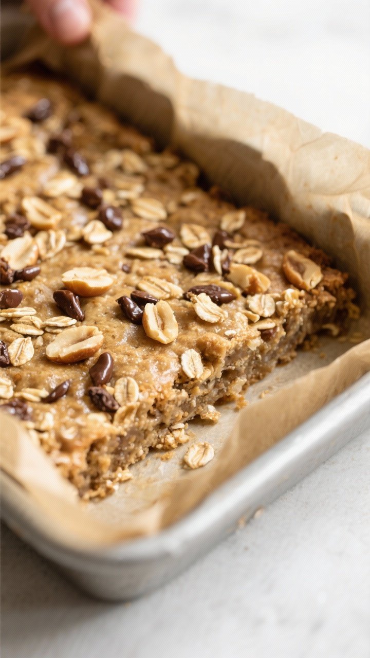 Close-up detail shot: A just-baked slab of oat–banana bars still in the parchment-lined 8x8 pan, e