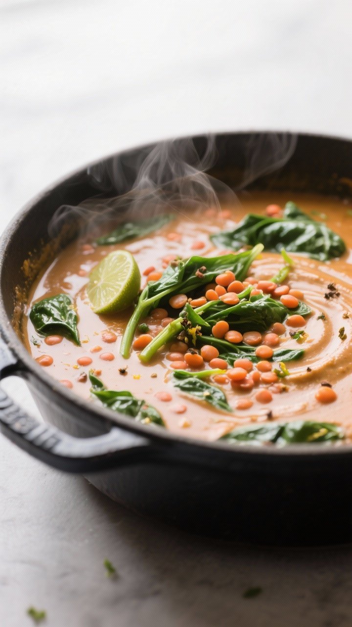 Close-up detail shot: Creamy red lentil curry simmering in a Dutch oven right after the “spinach i