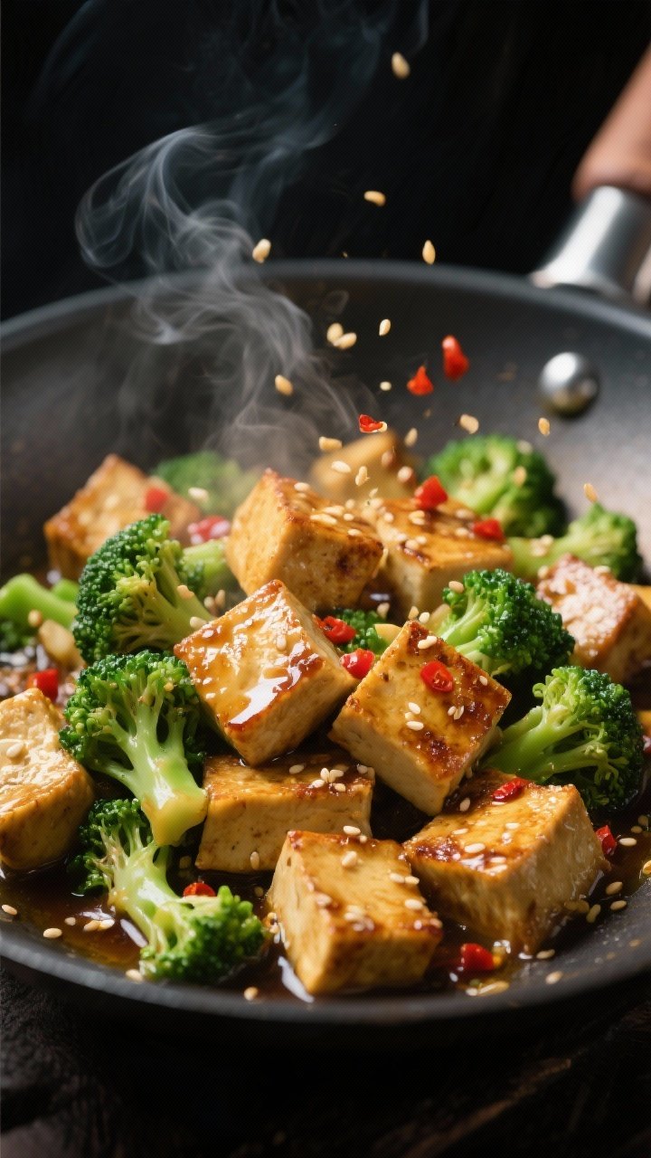 Close-up detail shot: Golden, pan-seared tempeh cubes tossed with bright green, crisp-tender broccol