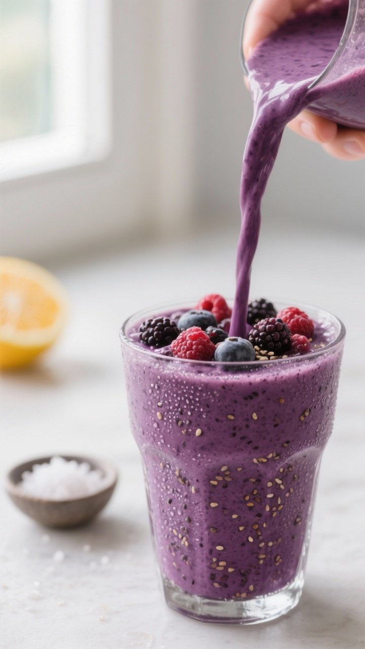 Close-up detail shot of a freshly blended açaí berry smoothie being poured in a silky ribbon into