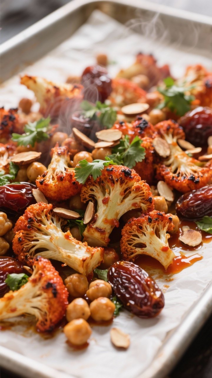 Close-up detail shot: Roasted harissa cauliflower florets and crispy chickpeas fresh from the oven,