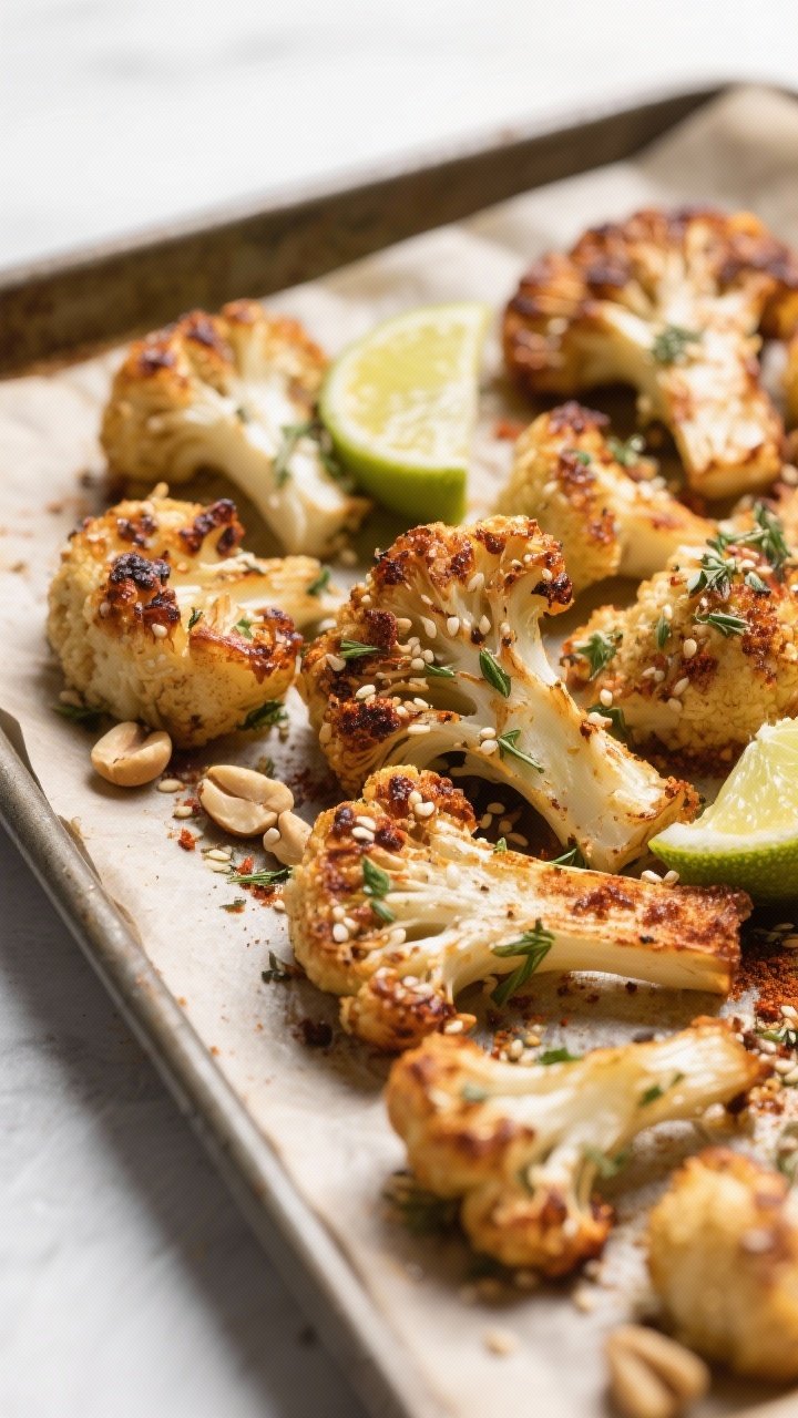 Close-up detail shot: Roasted za’atar cauliflower just out of the oven on a parchment-lined sheet