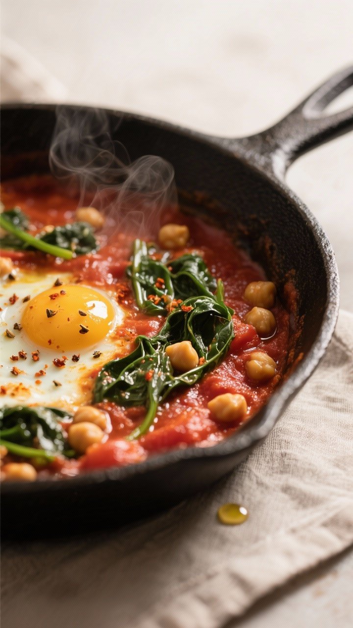 Close-up detail shot: Silky tomato-chickpea shakshuka base simmering in a wide cast-iron skillet, sp