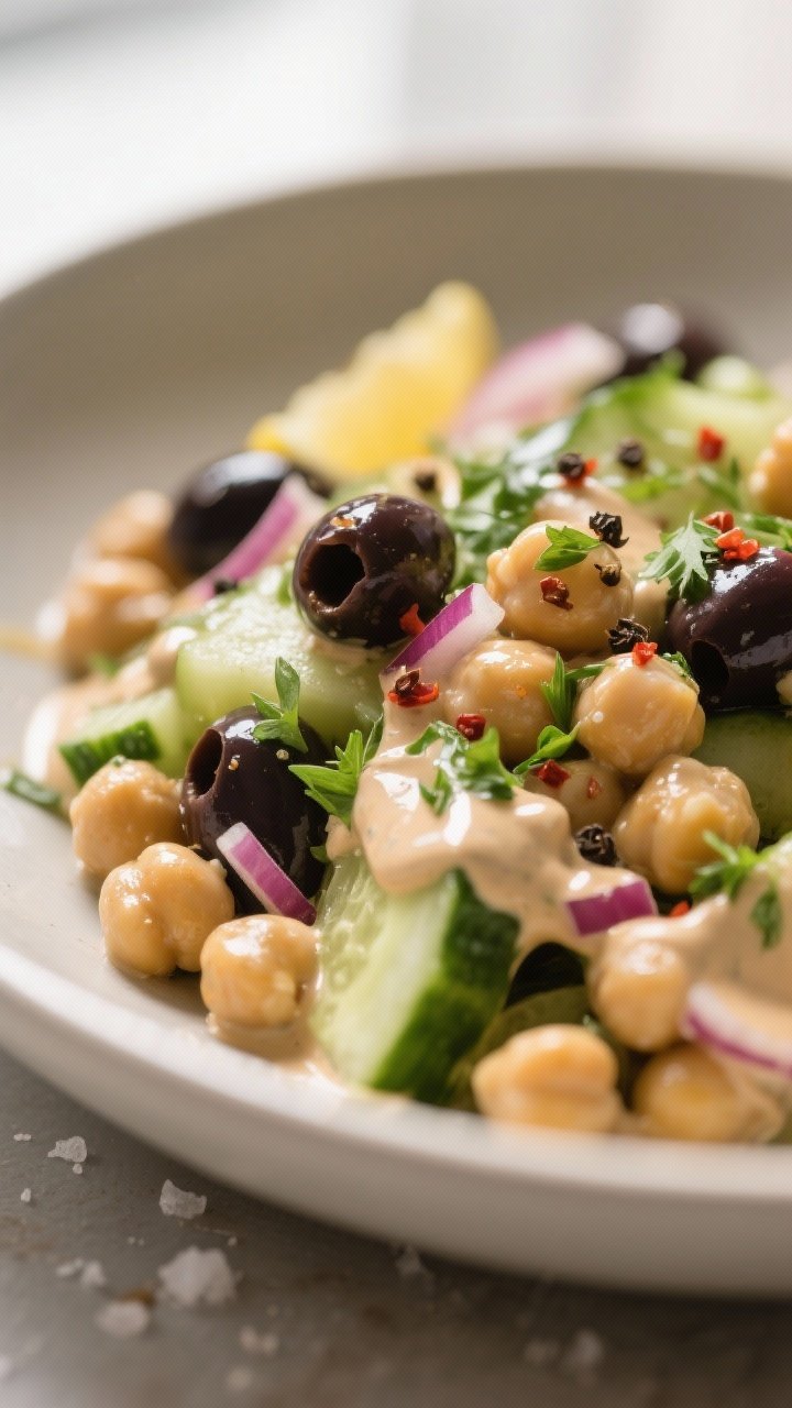Close-up detail shot: Tossed Mediterranean chickpea salad glistening with silky lemon-tahini dressin