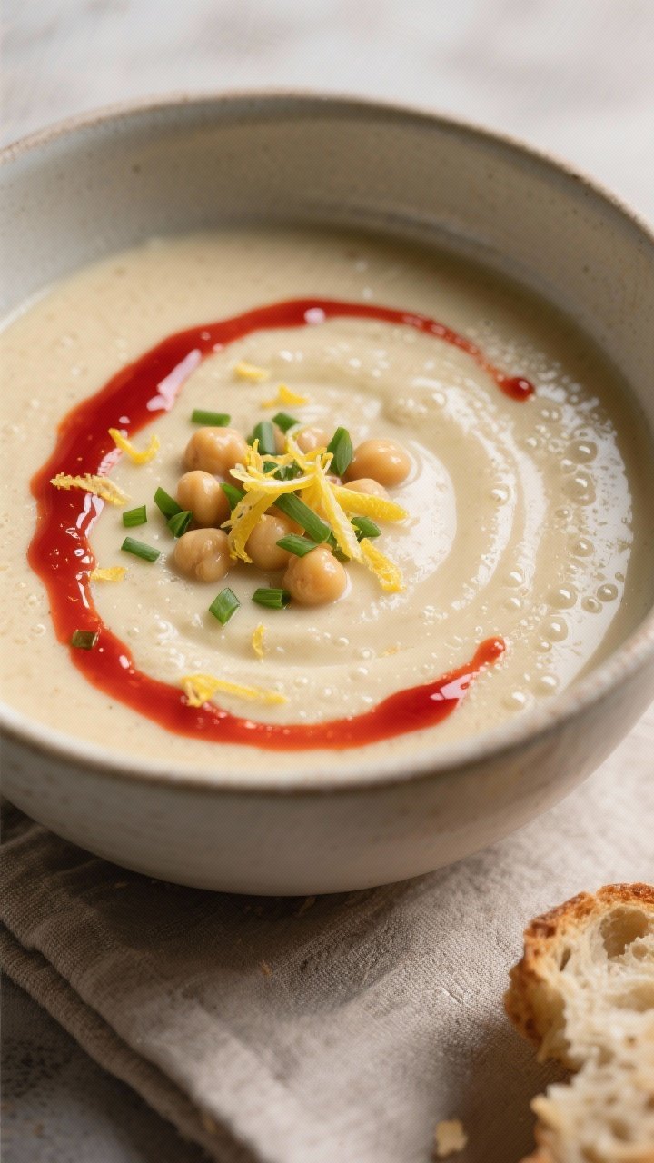 Close-up detail: Silky Parsnip–Chickpea Soup just after blending, glossy surface with visible micr