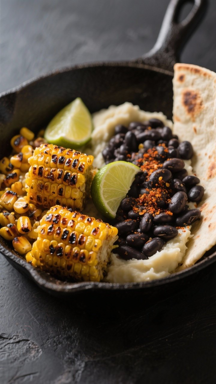 Close-up detail: Skillet-blackened corn with caramelized, golden-brown kernels and flecks of Tajín,