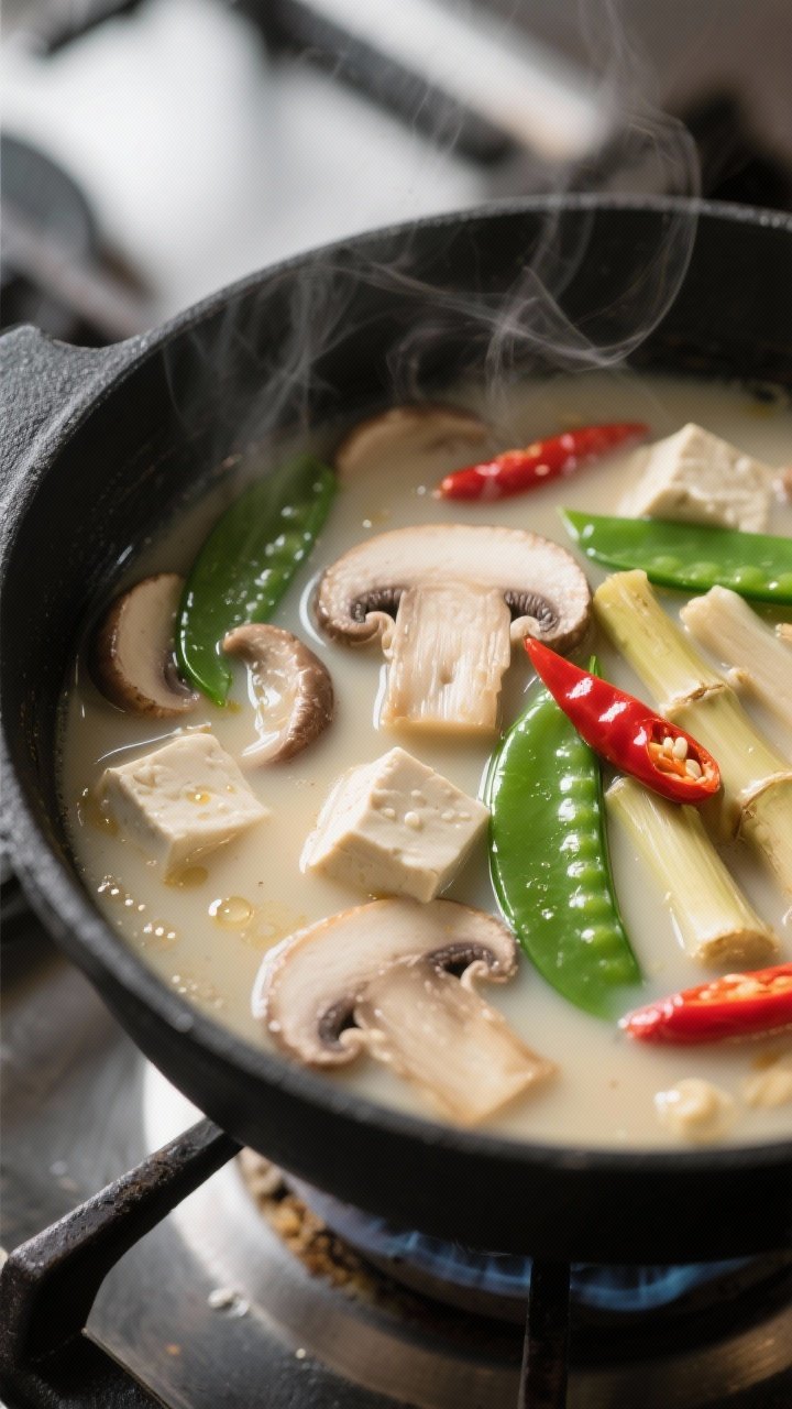 Close-up detail: Steaming Tom Kha mushroom soup mid-cook in a matte black pot, showing tender shiita