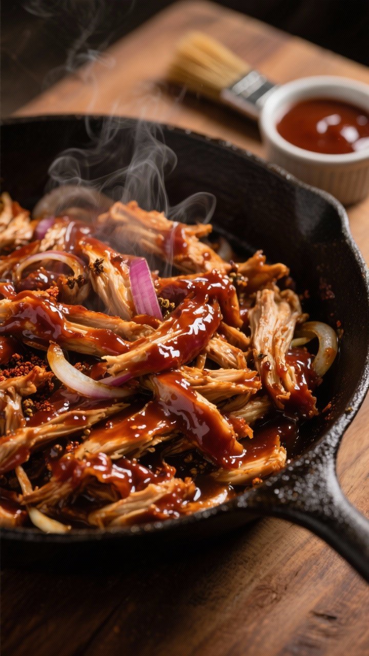 Close-up detail: Sticky, saucy BBQ jackfruit sizzling in a cast-iron skillet during the “BBQ it up
