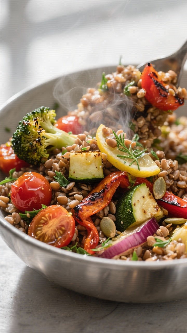 Close-up detail: Warm buckwheat salad being tossed with just-roasted vegetables in a wide stainless