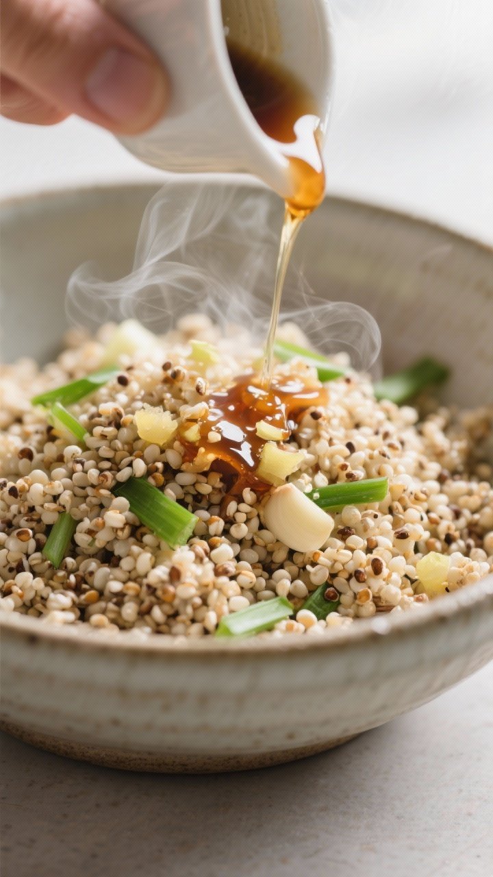 Close-up detail: Warm, freshly fluffed quinoa in a wide ceramic bowl, steam gently rising as a gloss