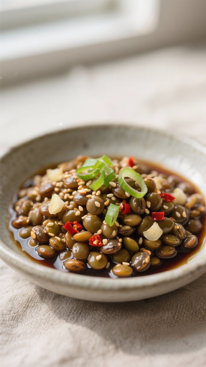 Close-up detail: Warm lentils just after marination in shoyu dressing, glistening with sesame oil an
