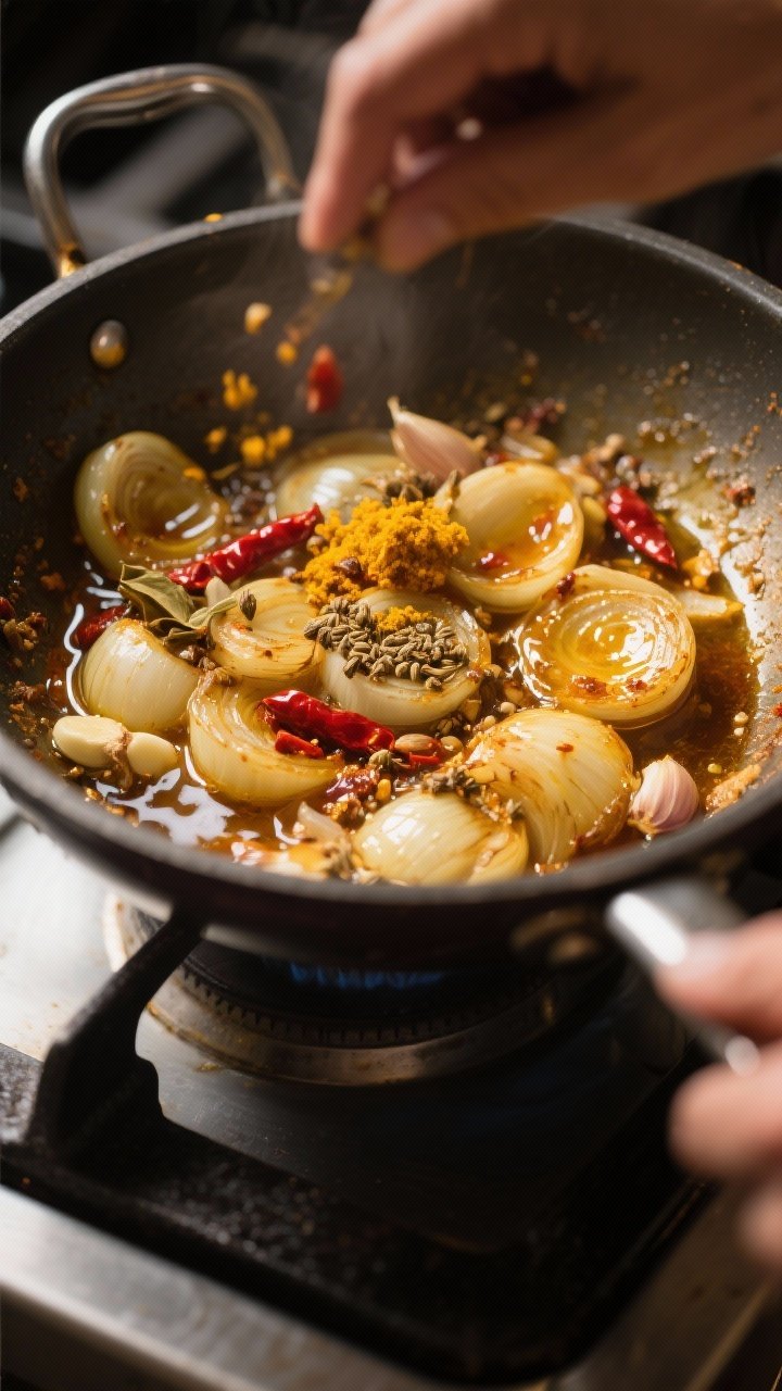 Cooking process action: Spices blooming in the pot just before liquids—golden onions coated in shi