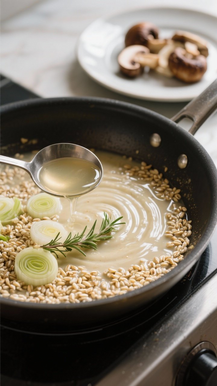 Cooking process: Barley being toasted in a sauté pan with softened leeks and thyme, post-deglaze—