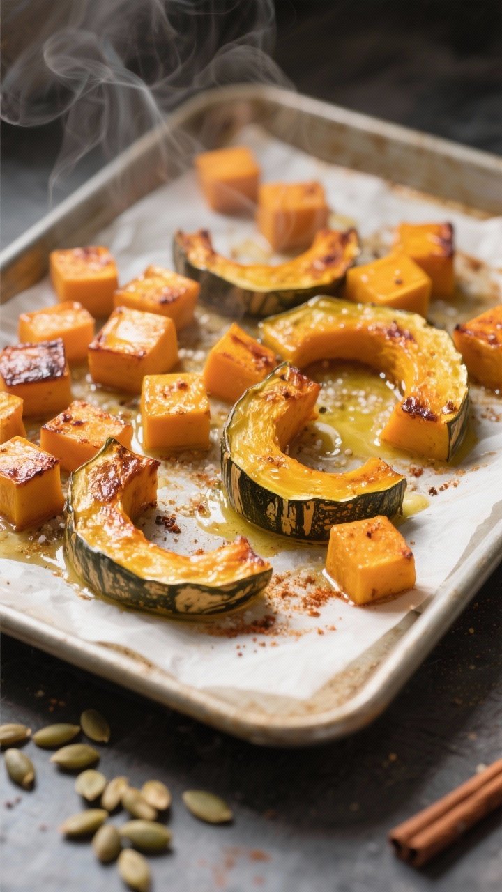 Cooking process: Caramelized roasted squash on a parchment-lined sheet pan just flipped mid-roast at