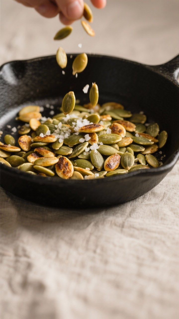 Cooking process close-up: A skillet of freshly dry-toasted pumpkin seeds (pepitas) just puffed and g