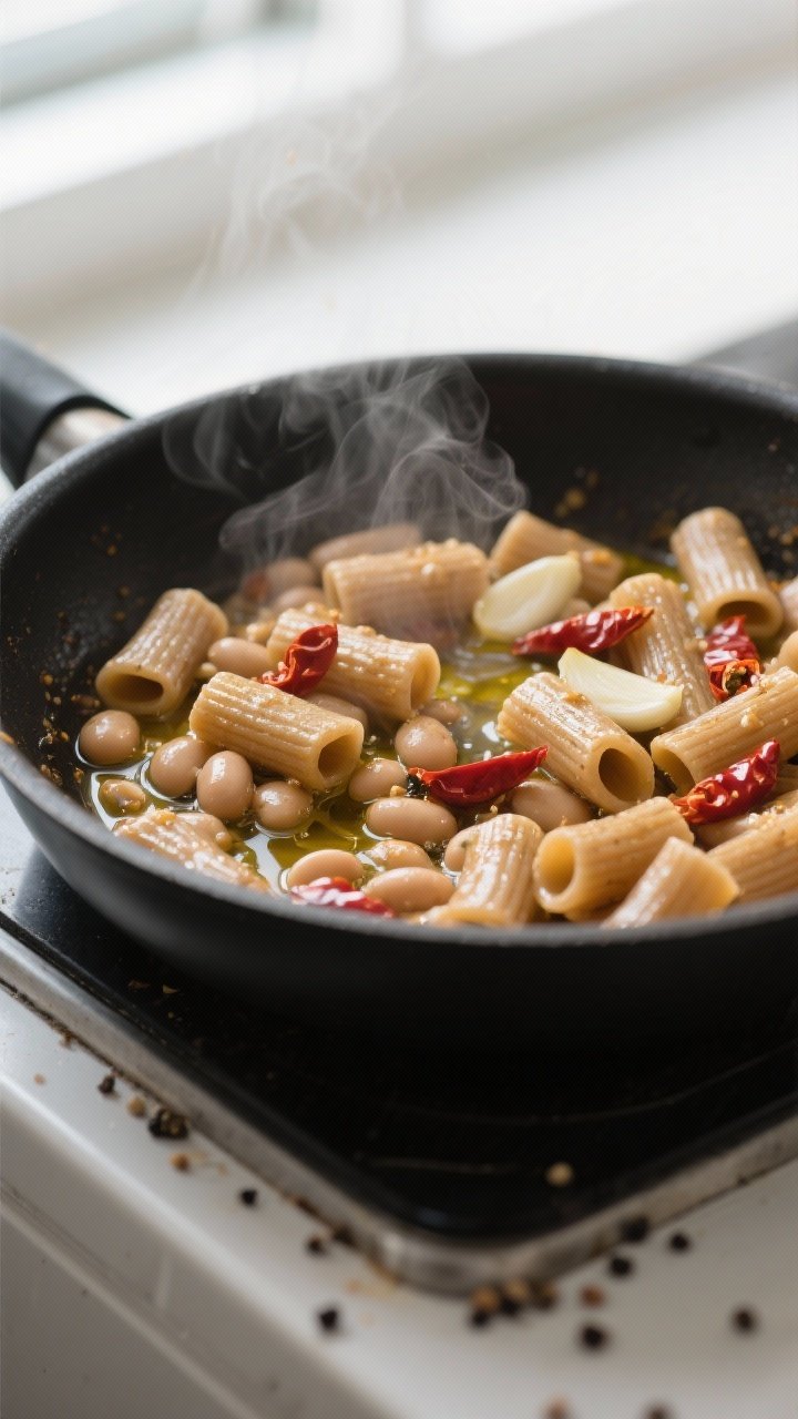 Cooking process, close-up detail: Shallow-depth close-up of glossy whole-wheat rigatoni tossing in a