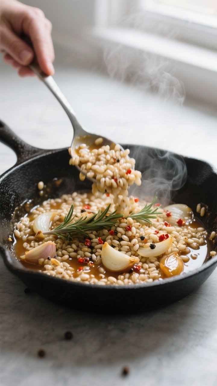 Cooking process close-up: In a black cast-iron skillet, glossy pearl barley is being tossed in a Dij