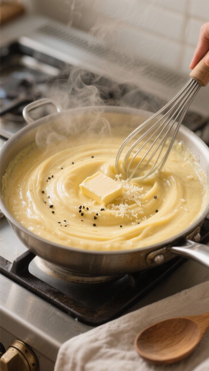 Cooking process: Creamy polenta being whisked in a saucepan at a gentle simmer—silky, flowing ribb