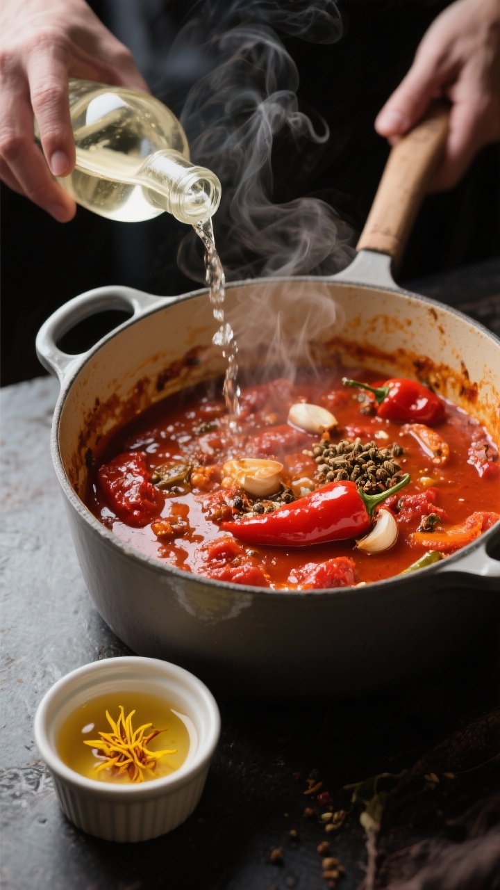 Cooking process: Deglazing moment captured in a Dutch oven—paprika, garlic, cumin, tomato paste, a