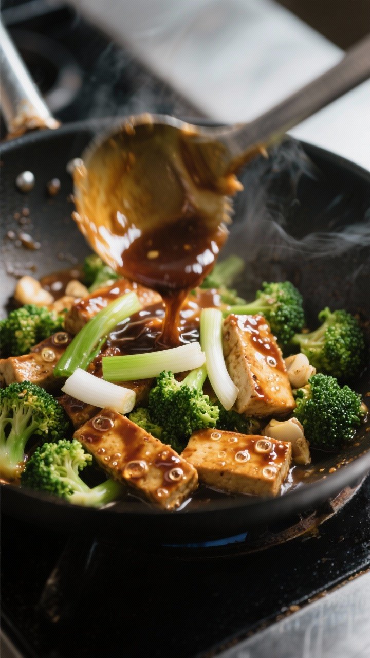 Cooking process hero: The moment the ginger–garlic sauce hits the hot pan—tempeh and broccoli al