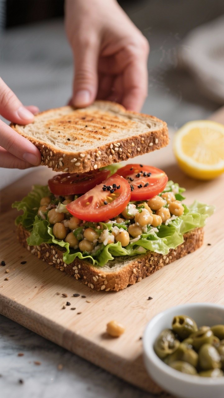 Cooking process: Lightly toasted seeded rye slices on a cutting board being assembled—bottom slice