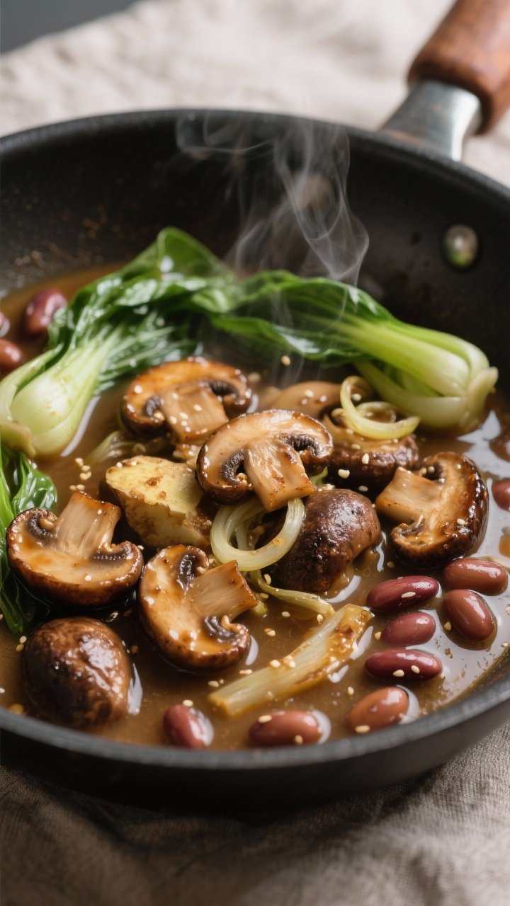 Cooking process — mushrooms and bok choy in miso broth: Close-up of sautéed shiitake and cremini