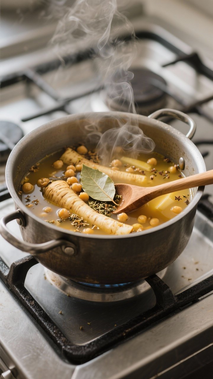 Cooking process: On-stove scene of the soup mid-simmer in a heavy pot—parsnips and chickpeas visib