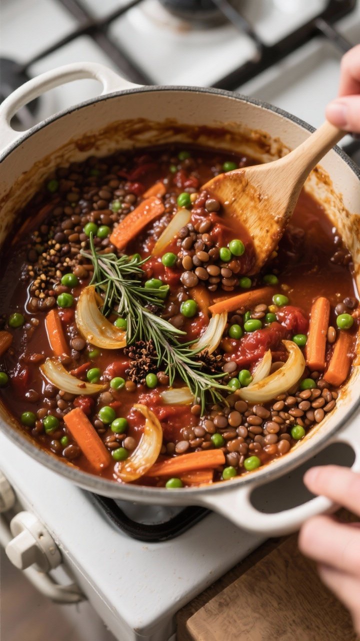 Cooking process: Overhead shot of the lentil filling simmering in an oven-safe braiser—soft onions