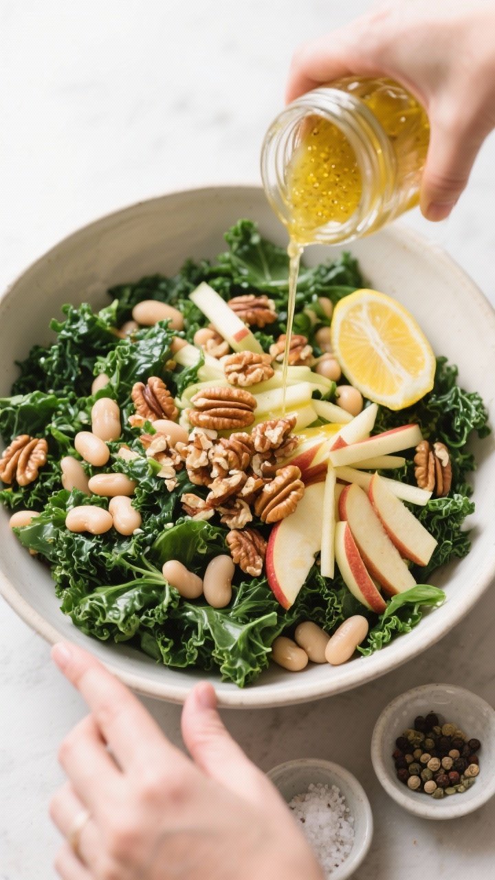 Cooking process: Overhead shot of the salad being assembled in a large mixing bowl—massaged kale a