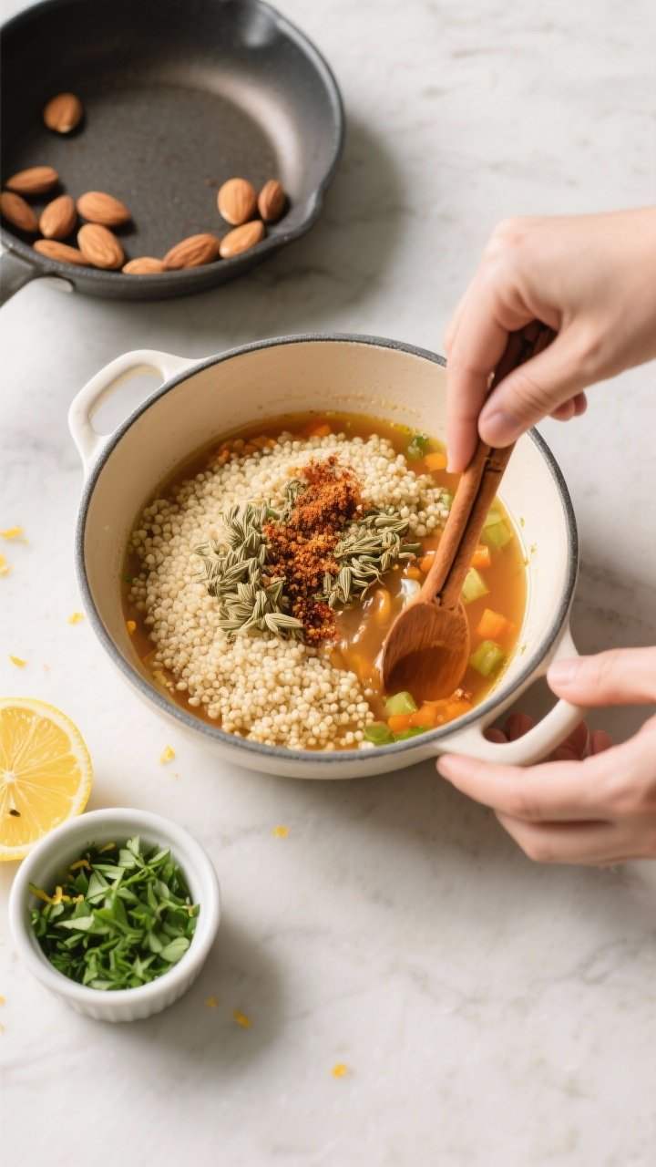 Cooking process: Overhead shot of the spice bloom and couscous hydration step in progress—spiced c