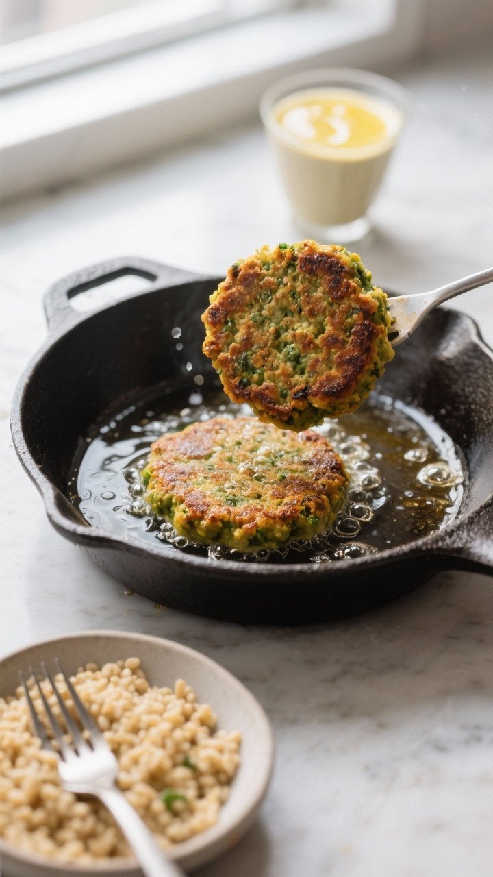 Cooking process: Pan-frying falafel patties in a cast-iron skillet—falafel sizzling in a thin laye