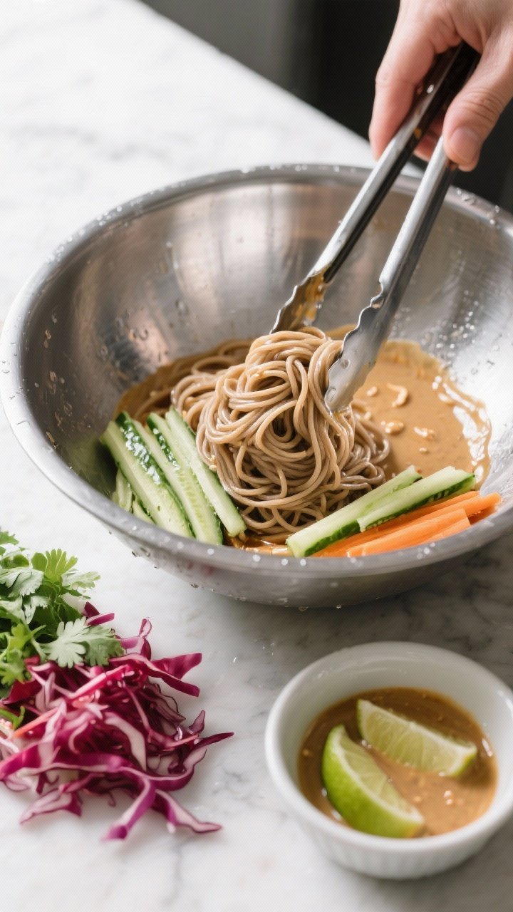 Cooking process: Rinsed and chilled soba being folded with half the peanut sauce in a wide stainless