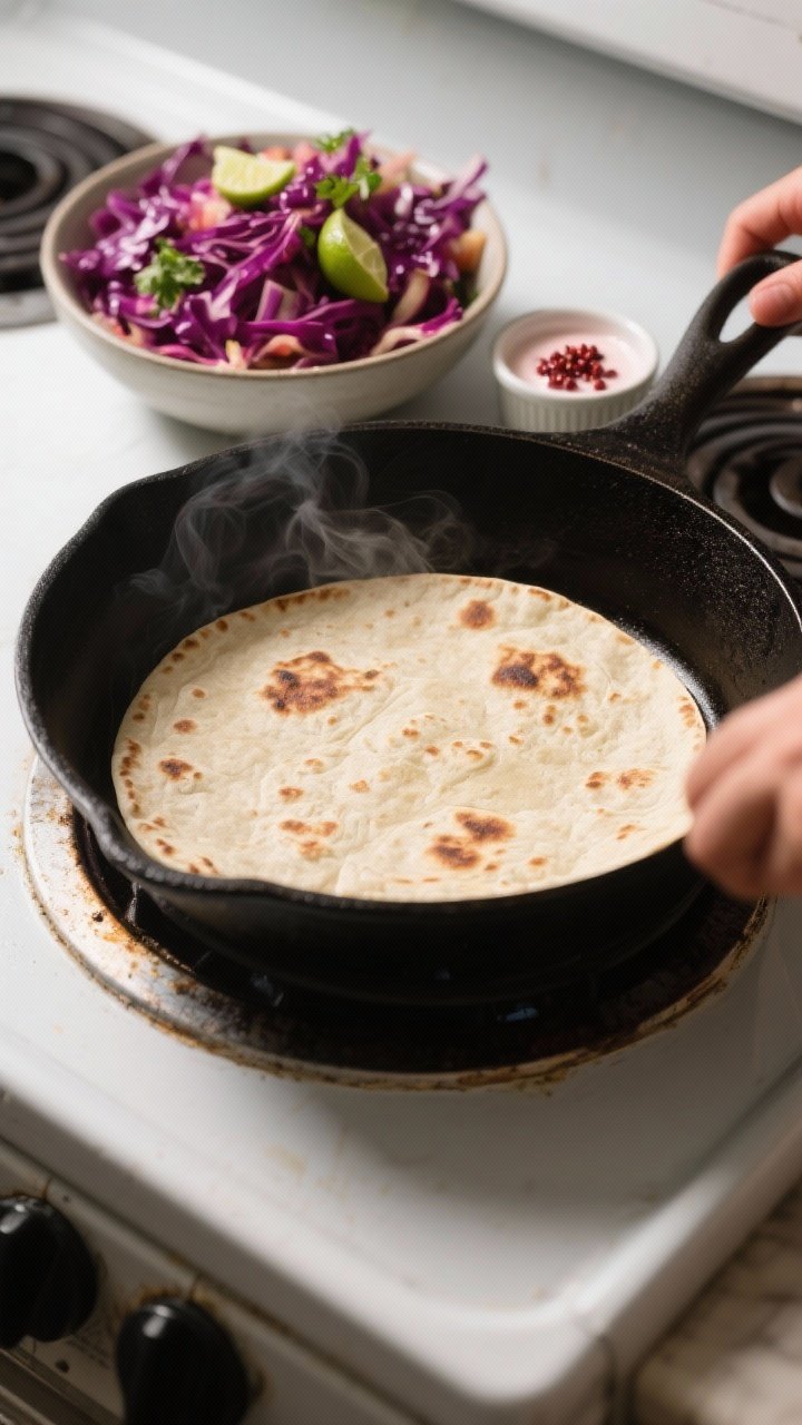 Cooking process scene: Warm tortillas being finished in a dry skillet until soft and lightly blister