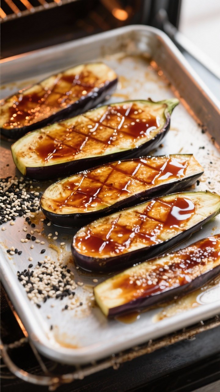 Cooking process: Second glaze application under the broiler—eggplant halves on a hot sheet pan wit