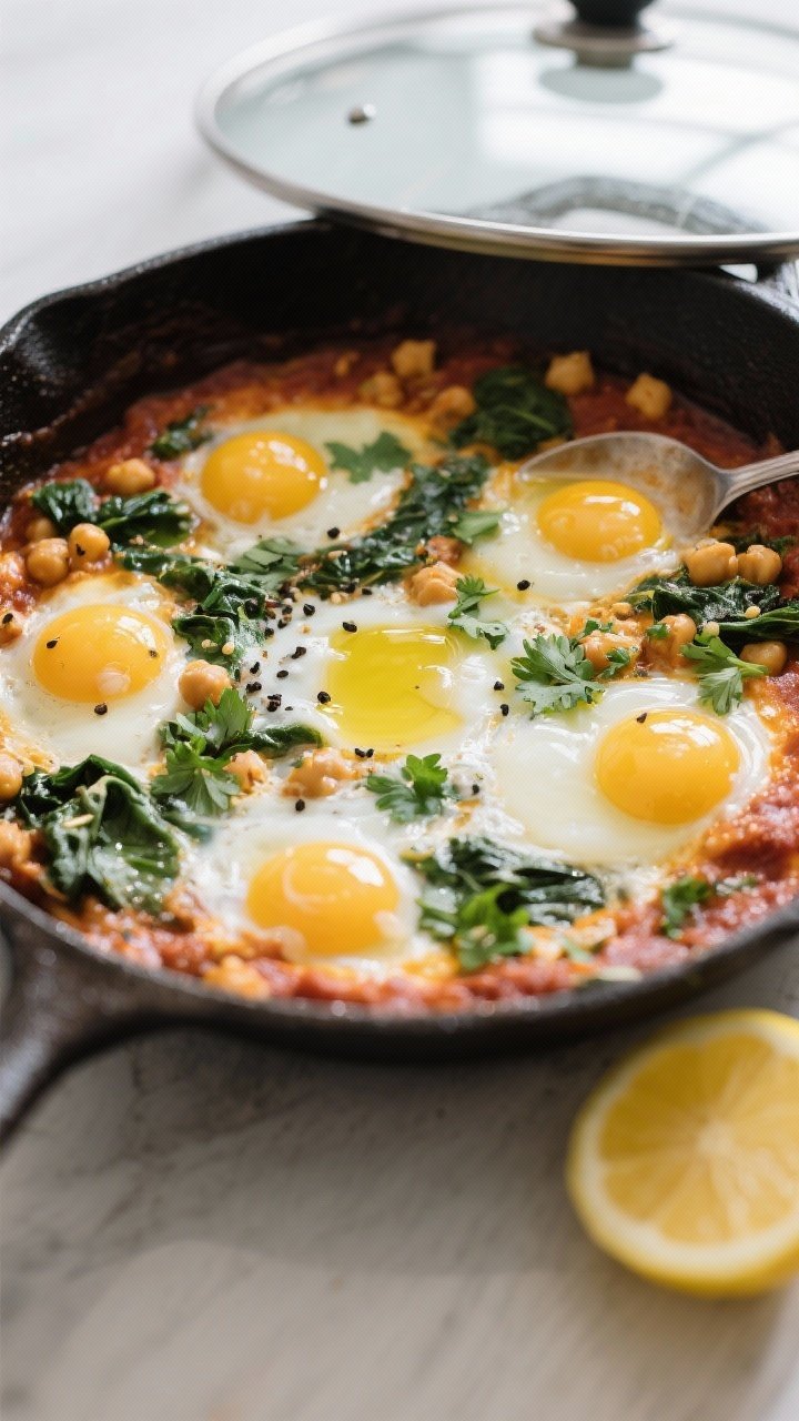 Cooking process shot: Overhead view of Spinach–Chickpea Shakshuka right after the eggs are cracked