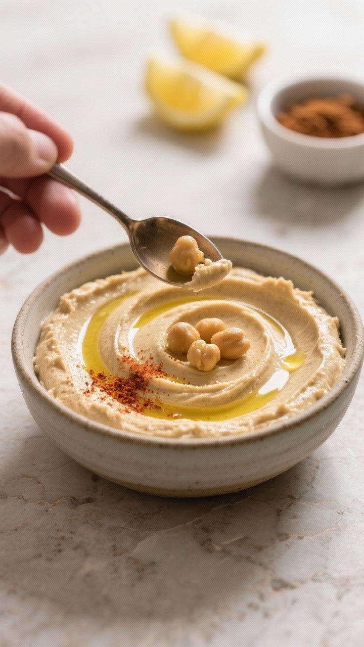 Cooking process: Silky hummus being swirled into a shallow ceramic bowl with a spoon, showing ultra-