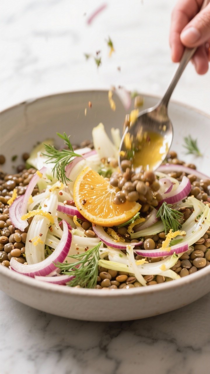 Cooking process: Tasty toss moment of the lentil–fennel base in a large bowl—thinly shaved fenne