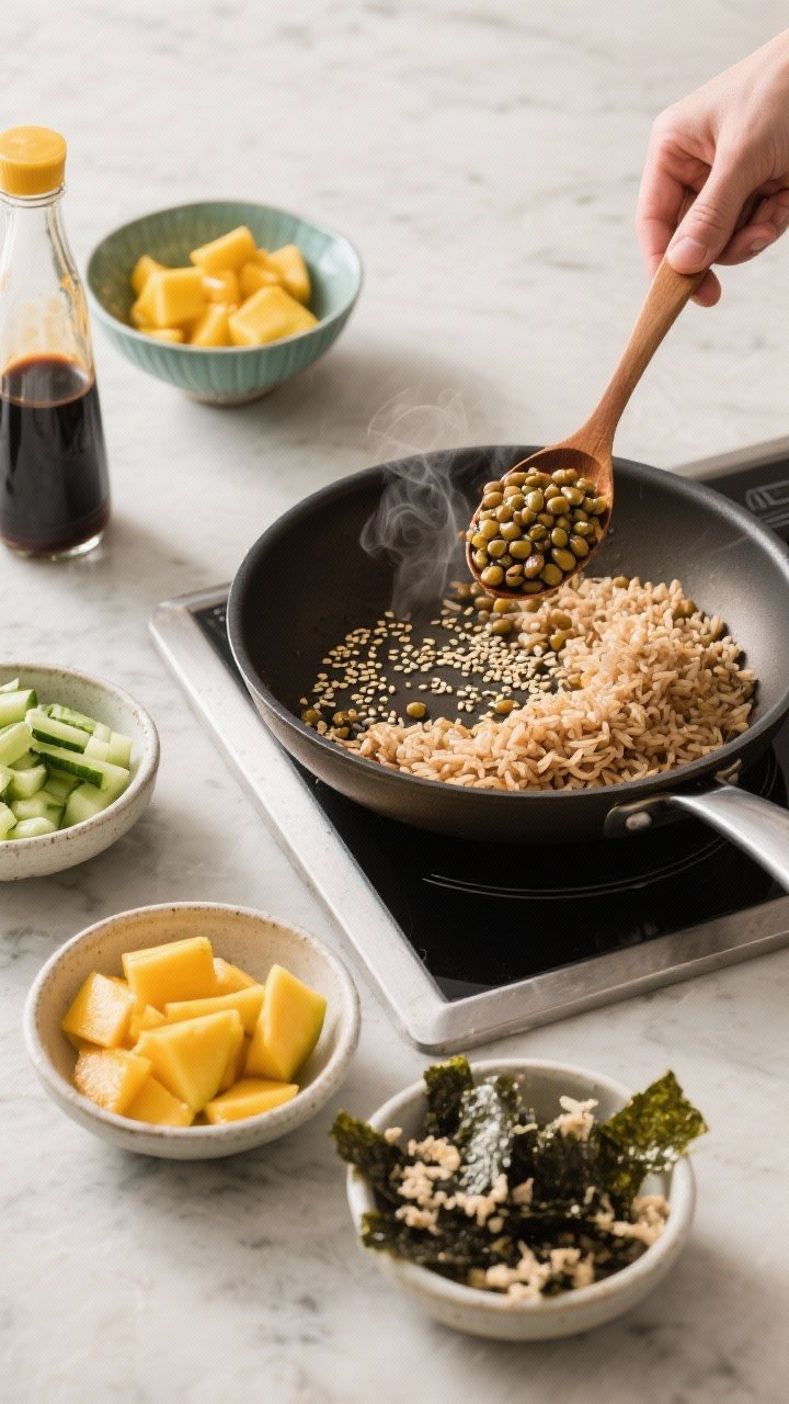 Cooking process: Toasted sesame seeds finishing in a small dry skillet beside a pot of freshly fluff