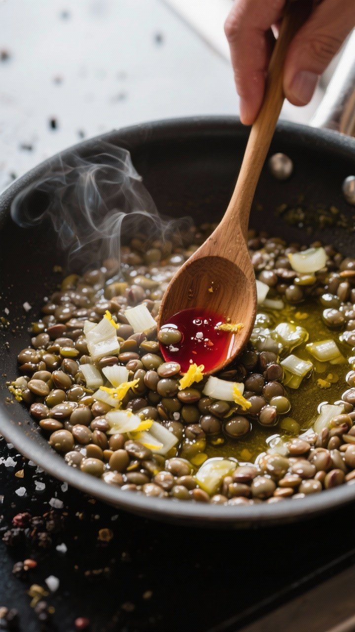Cooking process: Warm lentils being finished in a shallow sauté pan—du Puy lentils glistening wit
