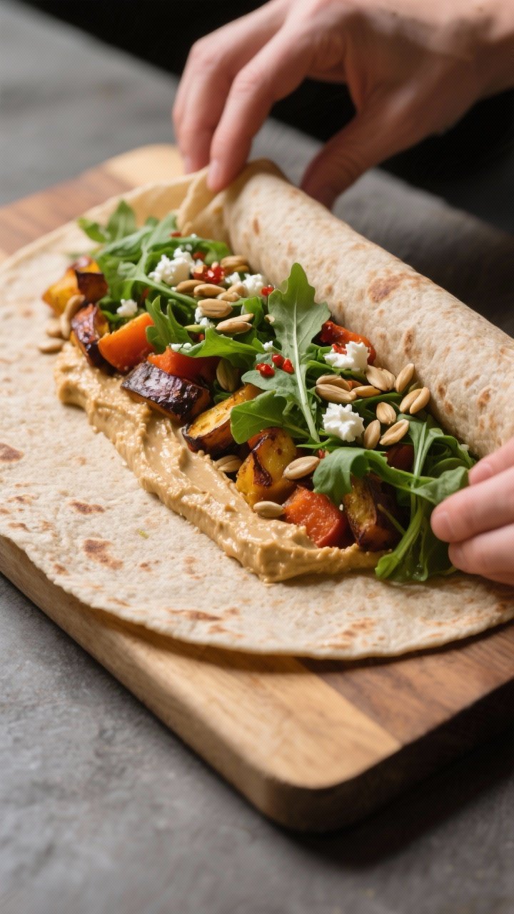 Cooking process: Whole-grain wrap being assembled on a board—warm tortilla with a generous swipe o