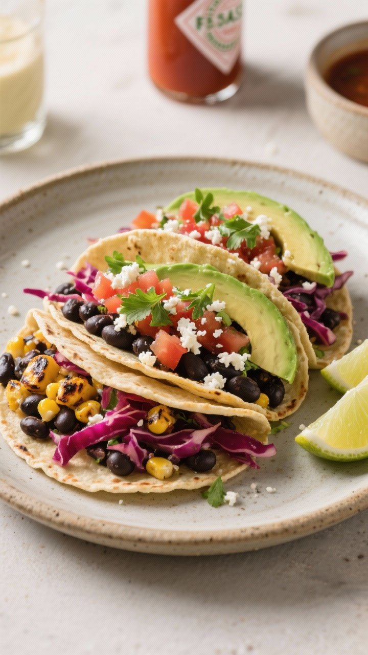 Final dish: Beautifully plated black bean tacos loaded with layers—creamy black beans, charred cor