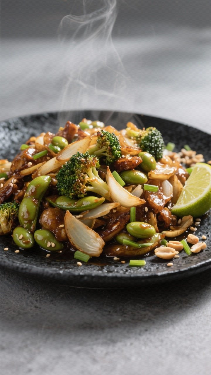 Final dish beauty: Hero plate of the stir-fry without rice, piled high on a shallow black stoneware
