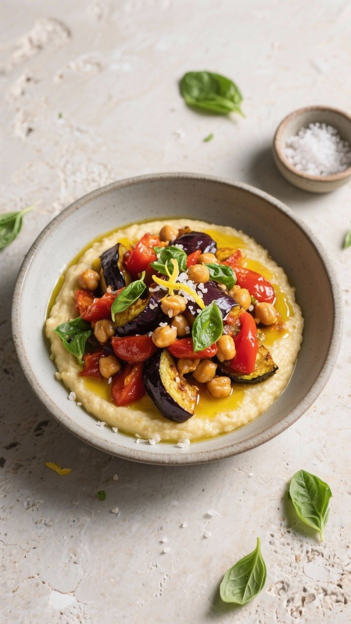Final dish, overhead: A restaurant-quality power bowl of creamy polenta topped with a generous mound